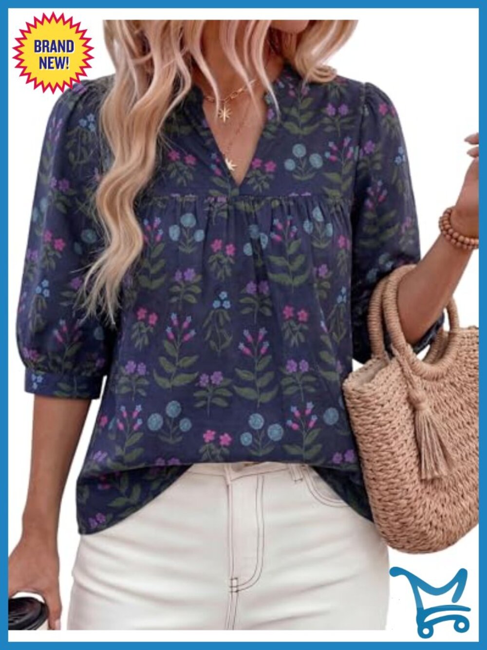 Women's Floral V-Neck Ruffle Blouse Short Sleeve Boho Summer Top